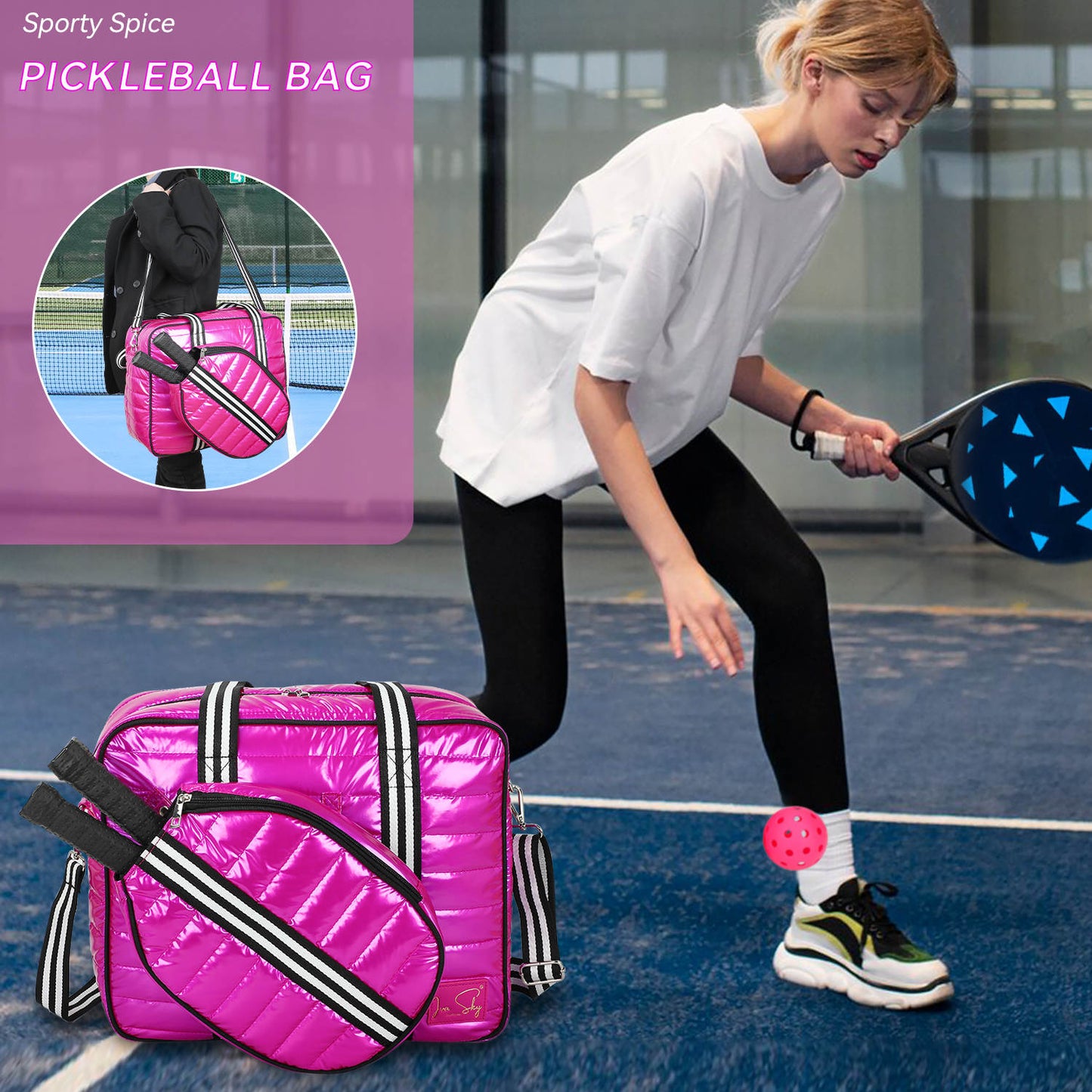 Large Pink Pickleball Bag for Women, Detachable Pickleball Paddle Case, Pickleball backpack, Pickleball Tote,Sling Bag, Bling Pickleball Gift